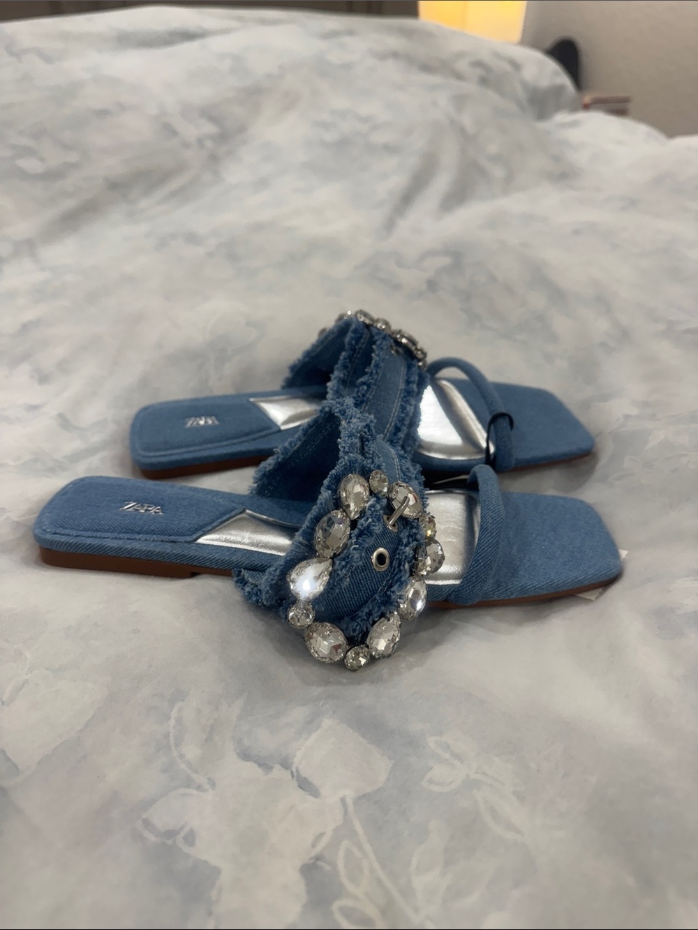 Zara Jeweled Denim Slide Sandals - Women - Picture 4 of 6